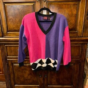 Vintage 80’s 90’s Extra Women's Colorblock Sweater - Pink and Purple Size M